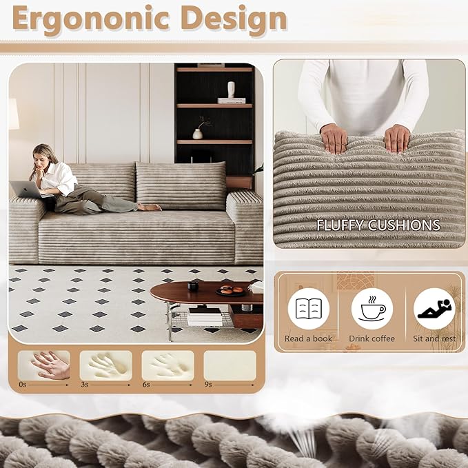 Cloud Loveseat Sofa, Modern Corduroy 2-Seater Couch with Deep Seat, No Assembly Required Memory Foam Sofa, Boneless Sofa in a Box for Bedroom, Apartment, Office,Small Space (Camel,63in)