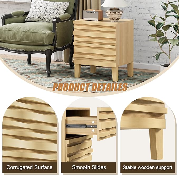 UEV Solid Wood Nightstand Set of 2, 19.7" W Boho Nightstand with 2 Drawers, Fluted Wood Night Stand, Mid Century Modern Bed Side Table for Bedroom, Ivory White