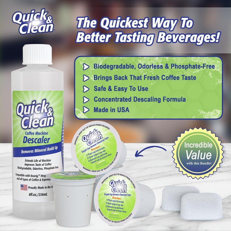 Quick & Clean 4-Pack Cleaning Cups with Descaler and Filters Bundle (2 Total Uses) - 2.0 Compatible, Descaling Solution for Keurig, Nespresso, Ninja, Delonghi, All Coffee and Espresso Machines