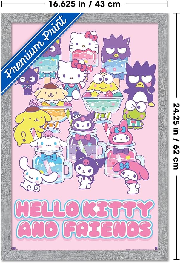 Trends International Hello Kitty and Friends: 24 Summer Fresh - Group Wall Poster, 22.4L x 14.7W, Gray Framed Version