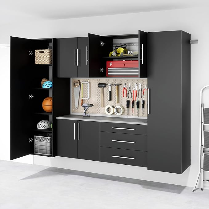 Prepac HangUps 30'' Garage Storage Cabinet with 3 Drawers, Wood Wall Mount Pantry Cabinet, Wall Hanging Laundry Room Cupboard, Kitchen Pantry for Garage, Kitchen and Laundry Organization, Black