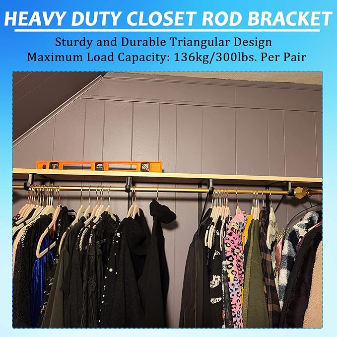 8 Pack Heavy Duty Closet Shelf & Rod Brackets 11 x 11 Inch, 300lbs Closet Shelf Bracket with Rod Holder for Home and Closet Decor, Wall Mount Closet Pole Support Bracket with Screws, Black