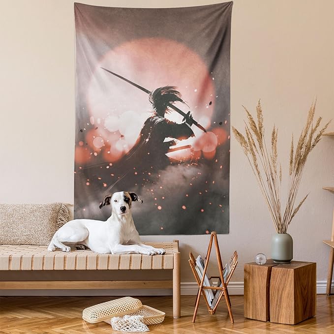 Ambesonne Japanese Tapestry, Reflection of Samurai Practicing Sunset Background Free from Death Concept, Wall Hanging for Bedroom Living Room Dorm Decor, 40" X 60", Salmon Umber