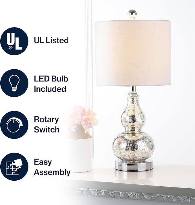 JONATHAN Y 20.5" Mercury Silver Glass Table Lamp, Modern Gourd Bedside Nightstand Lamp for Bedroom, Living Room, White Linen Shade, LED Bulb Included (JYL1028C)