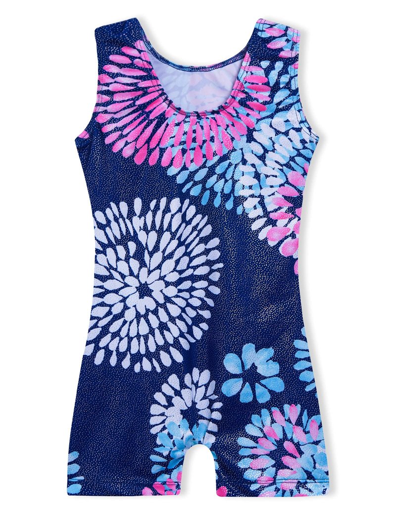 Domusgo Leotard for Girls Gymnastic Size 4t 5t Shiny Round Flowers Blue One-Piece Biketard
