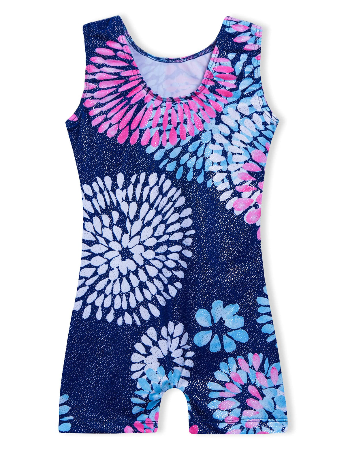 Domusgo Gymnastics Leotards for Girls 3t 4t Glitter Blue Round Flowers Sleeveless Tumbling Unitard