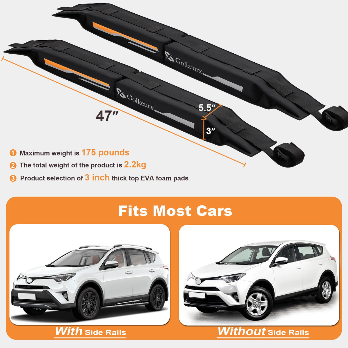 Golkcurx Universal Soft Roof Rack Pads for Kayak（Black）