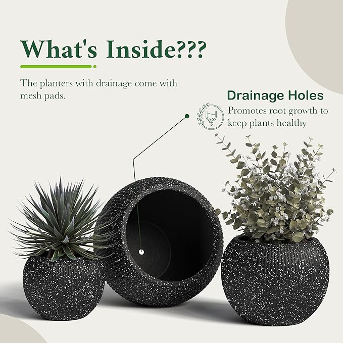 DTY Signature Mount Sherman Modern Indoor Outdoor Fiberstone Sphere Planter, Durable Round Garden Pot, Weather Resistant, Drainage Hole & Rubber Plug,Planter for Christmas Tree (Ribbed Black, Small)