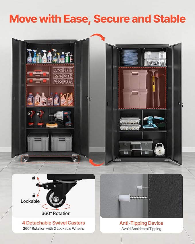 VEVOR Metal Storage Cabinet, 72.6 in Rolling Steel Garage Cabinet with 4 Adjustable Shelves, 2 Magnetic Doors & 2 Keys, 5 Tiers Lockable Tool Storage for Pantry, Warehouse, Basement, Office, Black