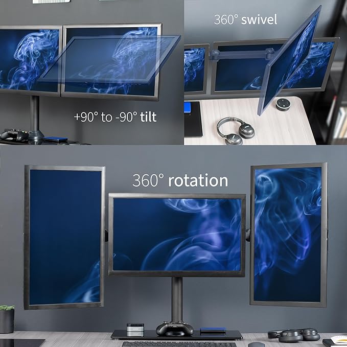 VIVO Black Triple Monitor Mount Freestanding Desk Stand with Glass Base, Heavy Duty Fully Adjustable Stand for 3 Screens up to 24 inches STAND-V003FG
