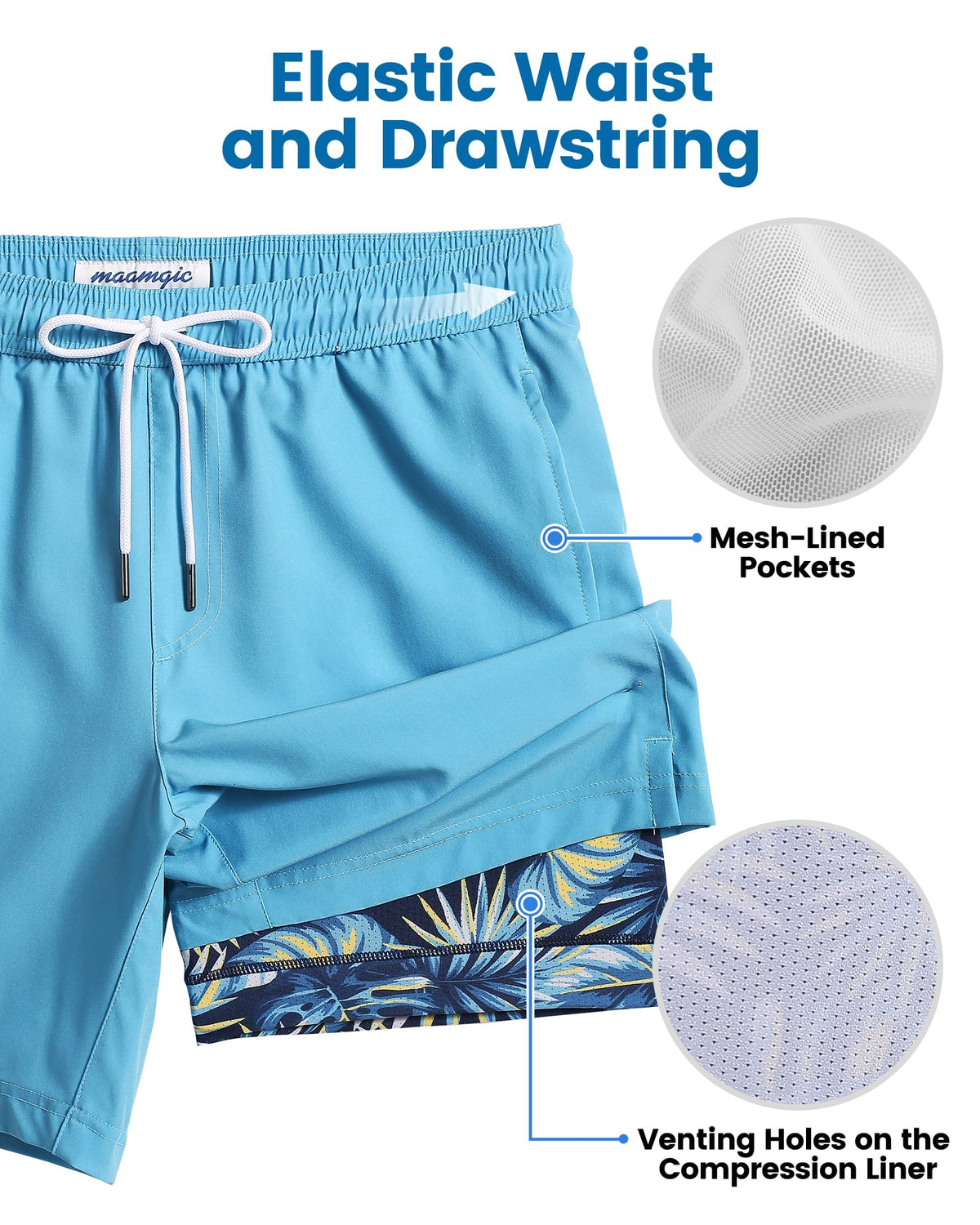maamgic Mens Swim Trunks with Compression Liner 7 Inch Inseam Mens Bathing Suit Quick Dry Swimming Trunks Swimsuit Blue Leaf Large