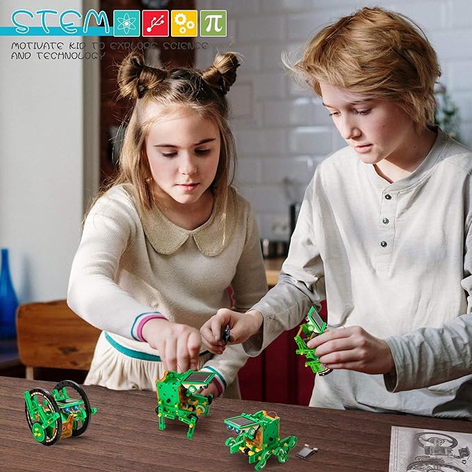 Solar Robot Kit for Kids, 14-in-1 Educational STEM Science Toy, Solar Power Building Kit DIY Assembly Battery Operated Robotic Set for Kids, Teens and Science Lovers(Battery Include) - Green