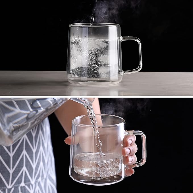 CNGLASS 12oz Glass Coffee Mugs,Double Wall Insulated Glass Cups with Handle,Clear Espresso Mugs for Latte,Cappuccino,Tea Bag,Set of 2