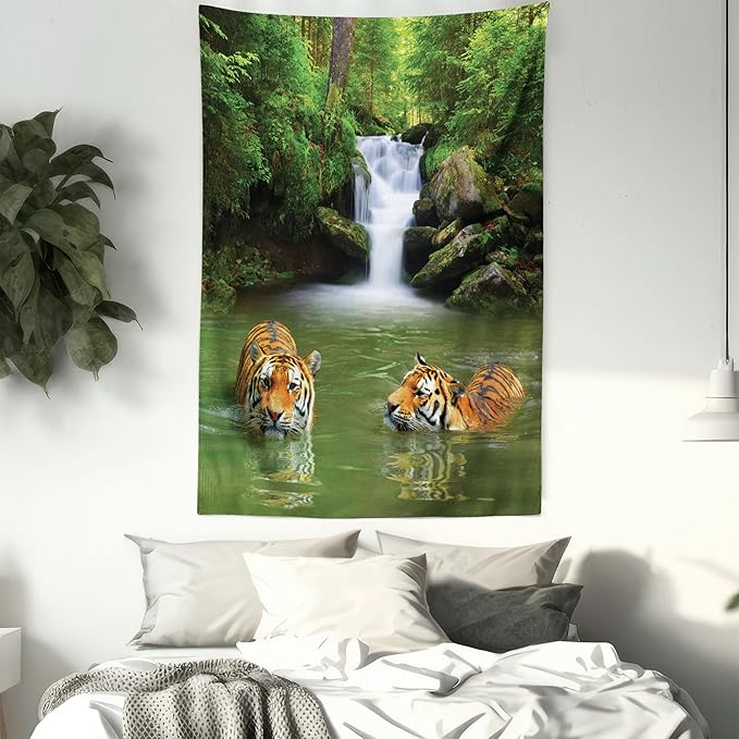 Ambesonne Savannah Tapestry Queen Size, Siberian Tigers in Water Waterfall Pool Woodland Swimming Natural, Wall Hanging Bedspread Bed Cover Wall Decor, 88" X 88", Reseda Green Orange