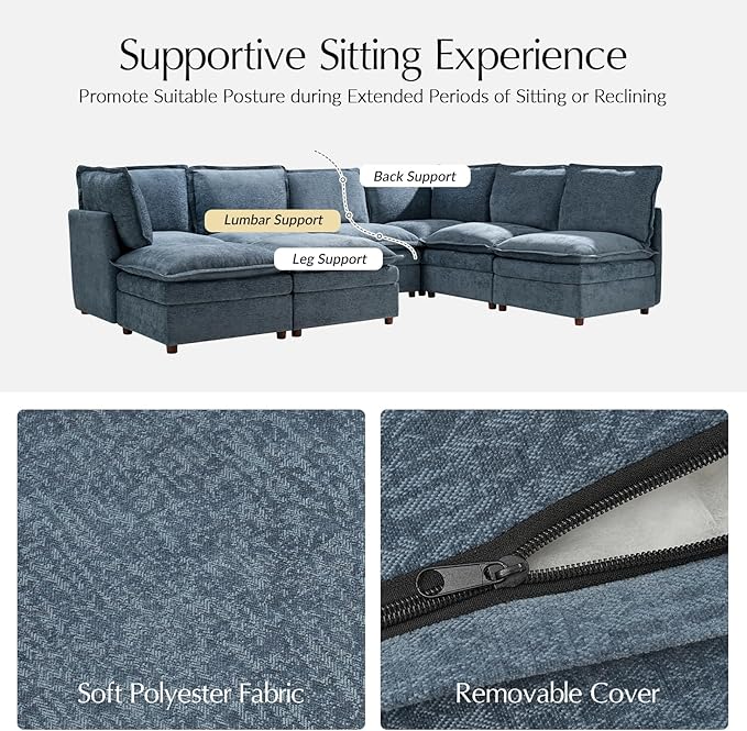 HULALA HOME 128'' Power Recliner Sofa with Storage Ottoman, Oversized Modular Sectional Sofa L Shaped Couch with Double-Layered Cushions, 8 Seater Cloud Couch for Living Room, Blue
