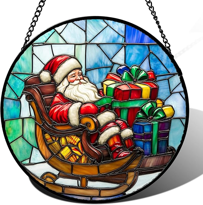 Stained Glass Window Hanging - Santa Claus Gift BoxSuncatcher for Doors Home Christmas Decoration Winter Sun Catcher Thanksgiving New Year Birthday Gift for Women Men Mom Nana 9.8 in