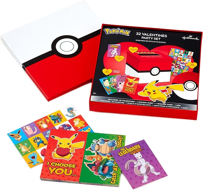 Hallmark Pokémon Valentines Day Cards and Mailbox for Kids School Classroom Exchange (1 Box, 32 Valentine Cards, 35 Stickers, 1 Teacher Card)
