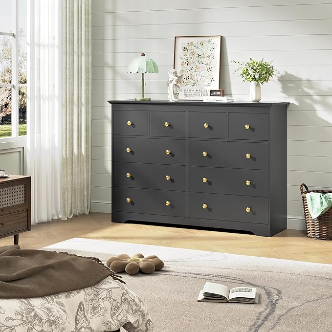 Black Dresser for Bedroom，55" Wide 10 Drawers Dressers,Modern Wooden Chest for Living Room, Hallway