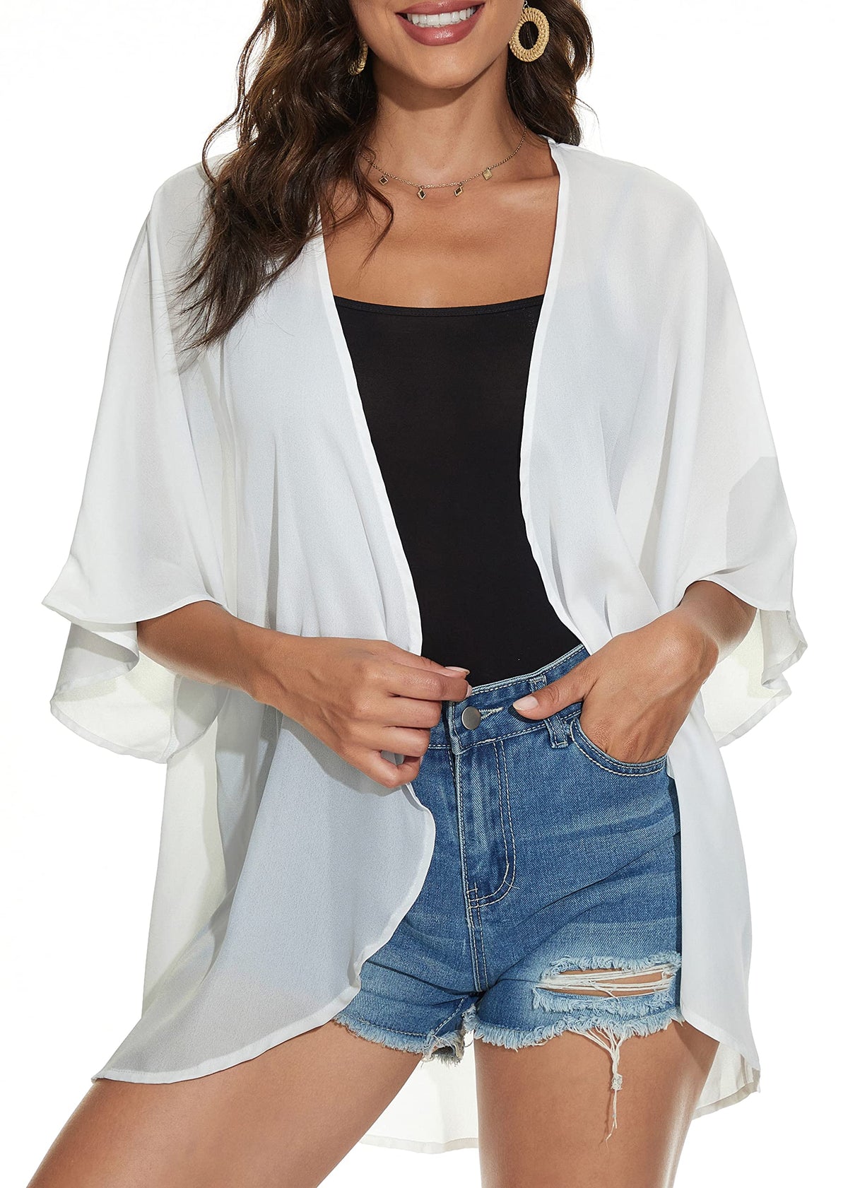 Women Summer Tops Kimono Cardigans Sheer Beach Cover Ups Chiffon Open Front Shirts （White,2XL