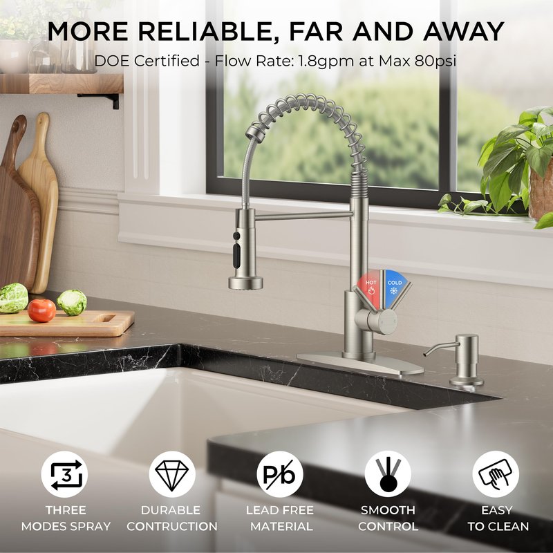 FORIOUS Kitchen Faucets with Sprayer, Brushed Nickel Stainless Steel Sink Faucet Single Handle with Deck Plate, Commercial Classic Spring Faucet for Kitchen Sink, Bar & Prep Sinks, Laundry RV Camper