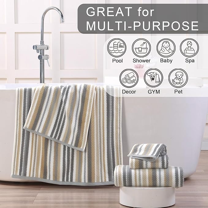 Beige Striped Hand Towels, Bathroom Hand Towels Set of 4, 16"x27" - 100% Cotton | Quick Dry | Absorbent | Light Weight, Soft Towel Set for Showering & Guest, Luxury Towel Gift, Tan and Gray Stripe