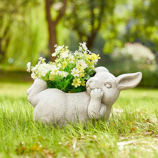 Glitzhome 14.25" L MGO Rabbit Statue Tall Planter, Bunny Shape Planter Cartoon Flower Pots with Drainage Hole, Rabbit Shaped Flower Container Succulent Planters for Spring Outdoor Garden Decor