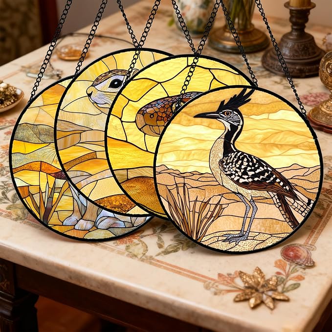 Stained Glass Window Hanging 4 Pcs Set Animals Large 15" - Desert Landscape Yellow Suncatcher Door Garden Sun Catcher Decor Birthday Christmas for Mom Woman Nana Men