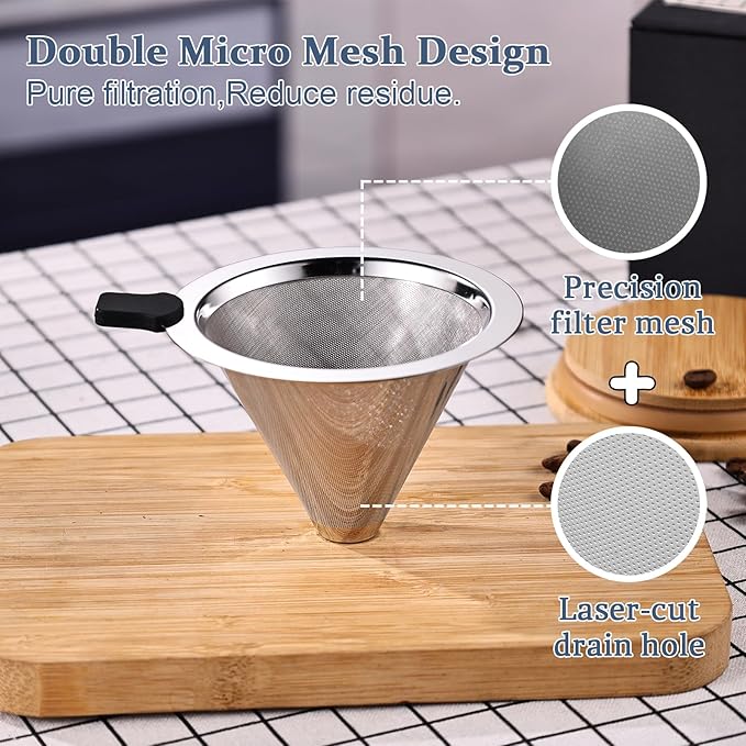 Pour Over Coffee Filter Dripper,Stainless Steel Reusable Cone Drip