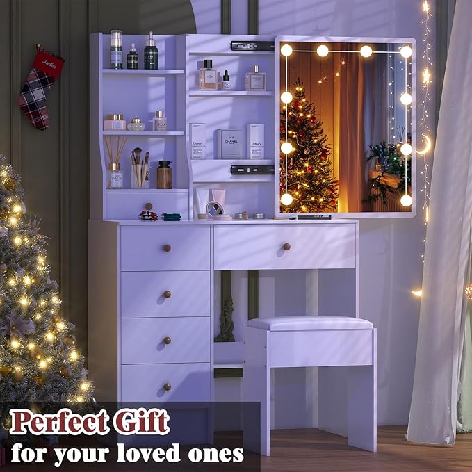 Makeup Vanity with Sliding Mirror and Lights in 3 Colors, Vanity Table with 6 Storage Drawers and Multiple Shelvers, Dressing Table with with Cushioned Stool for Bedroom, White