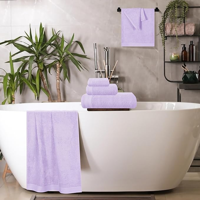 Ultra Soft 6 Pack Cotton Towel Set, Contains 2 Bath Towels 28x55 inch, 2 Hand Towels 16x24 inch & 2 Wash Coths 12x12 inch, Ideal Everyday use, Compact & Lightweight - Purple