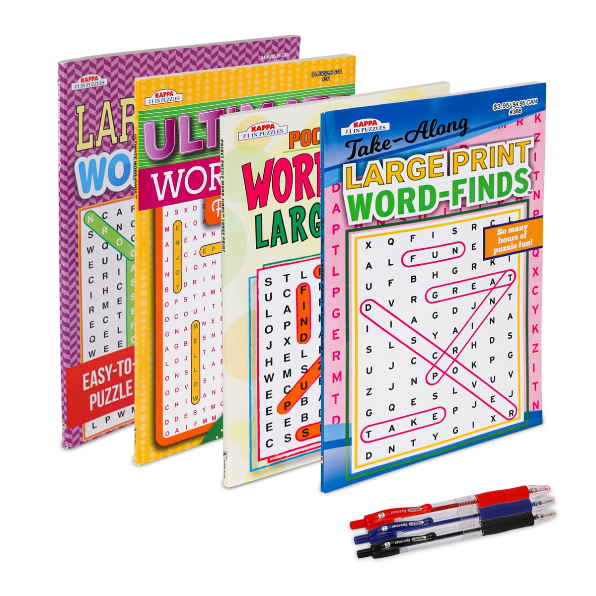4-Pack 350+ WordSearch Puzzle Books for Adults, Aging Seniors Brain Stimulation Large Print Words Activity Books (Variety Pack Bulk), Paperback – Large and Digest Combo