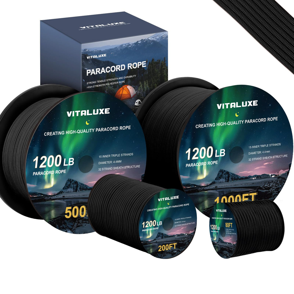 VITALUXE 1200lb Paracord Rope, 4.4mm, 15 Triple Strands Paracord