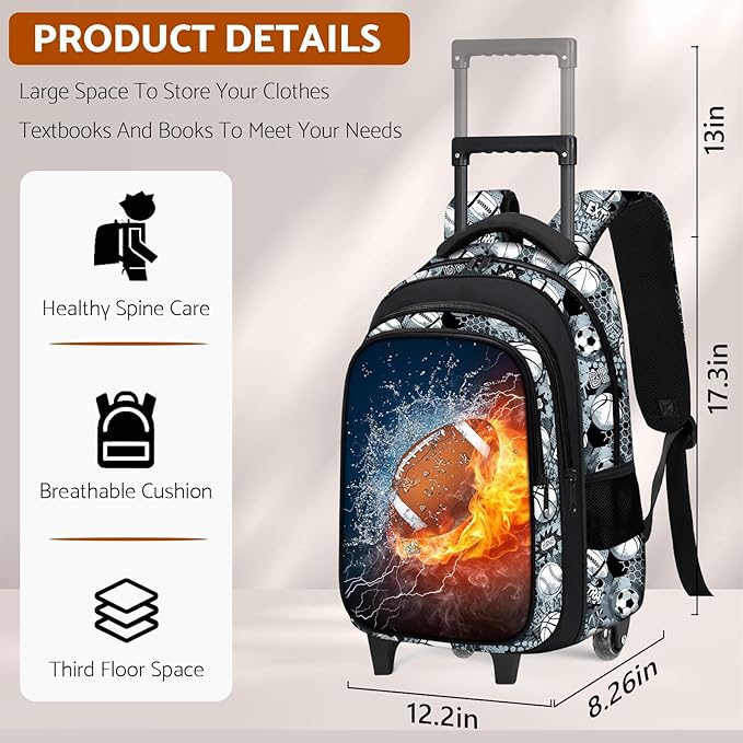 Boys Rolling Backpack for Kids - American Football Kids Rolling Backpack with Wheels for Elementary Middle School Students - Roller School Bookbag Aged 6-18, Wheeled Travel Bag Large Capacity