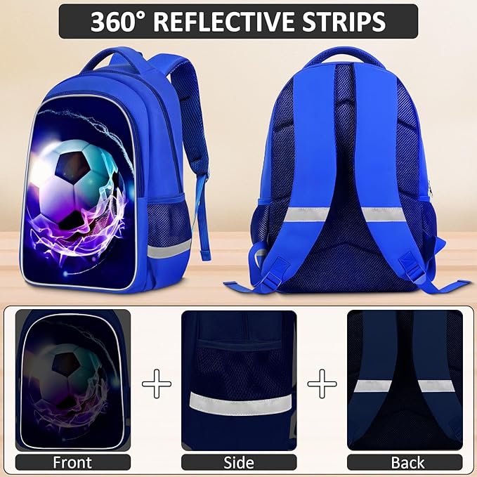 School Backpack for Boys - 4pcs Soccer Boys Backpack with Lunch Box and Pencil Case for Kids Children Teens Elementary Middle School - Students Bag for Ages 6-18,17″Bookbag Travel Back Pack