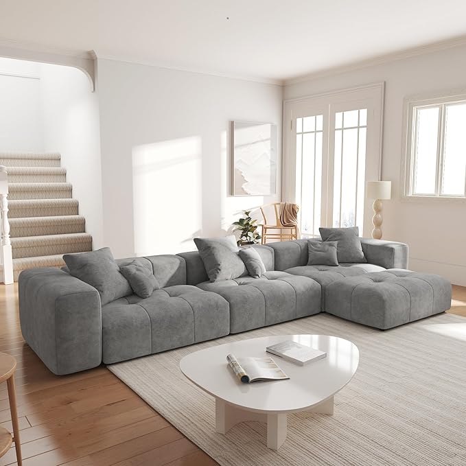 JACH 144.1 Inch L-Shaped Modular Sofas, Modern 3-Seater Couch with Chaise Ottoman, Mid Century Modern Sectional Couches, Cozy Sleeper Sofa for Apartment/Living Room (Linen Fabric, Grey)