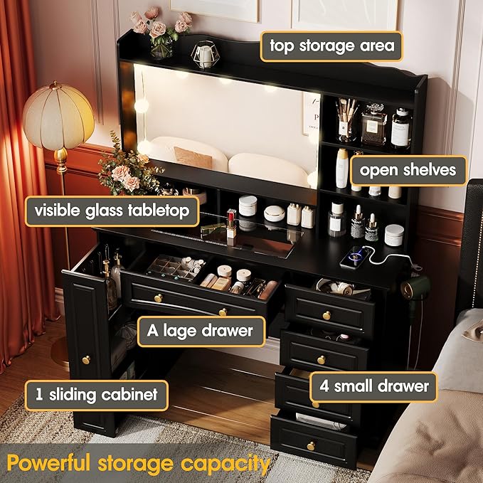 Maupvit Makeup Vanity with Mirror and Lights,Black Vanity Desk with Drawers and Shelves，Large Makeup Table with Glass Top，Bedroom Dressing Table,47.1in