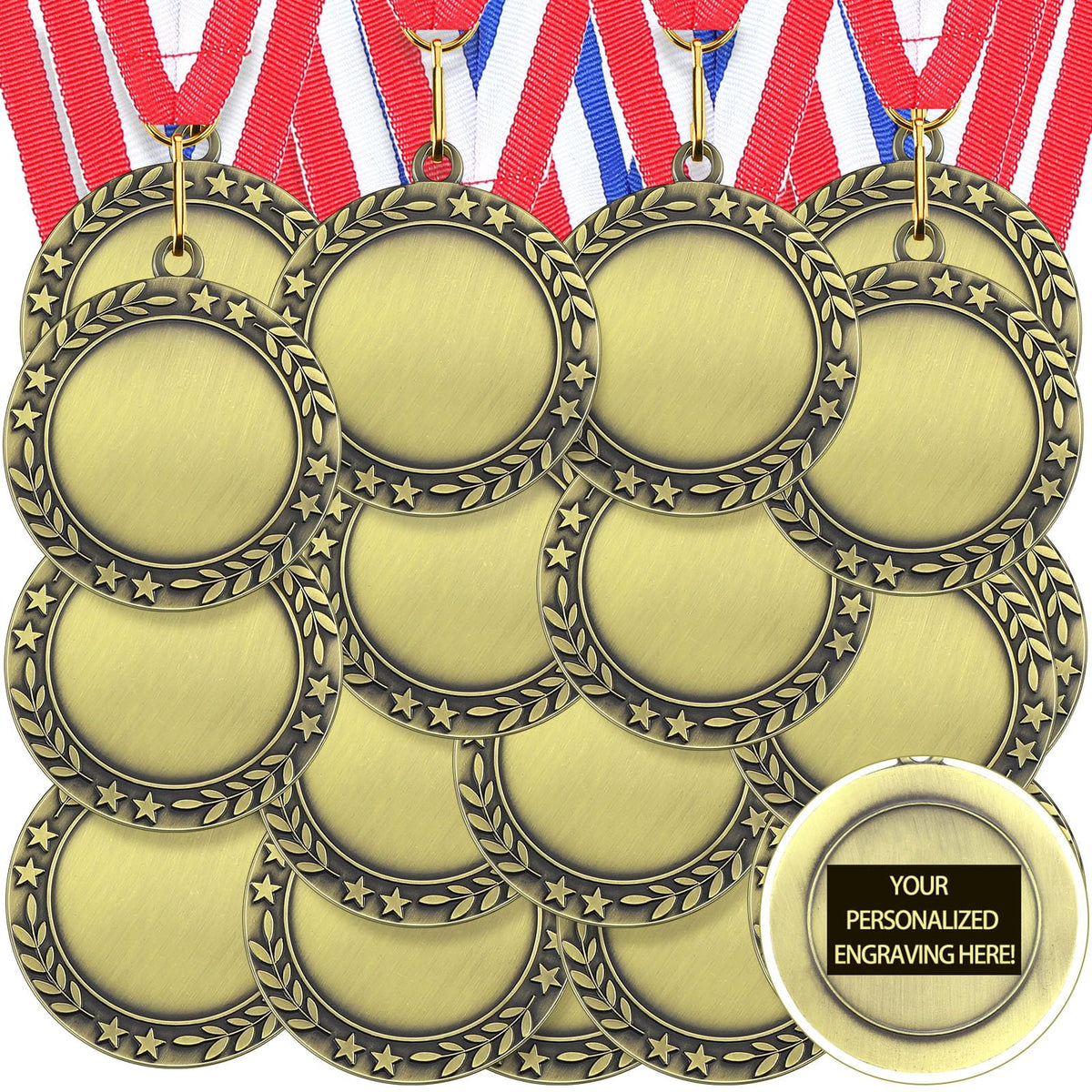 Junkin 24 Pcs Blank Medals for Awards with Neck Ribbons Winner Participation Custom Medals Awards Make Your Own Kit 1st Place Cheer Participation Trophy Metal Prize Gift(Gold,Simple)
