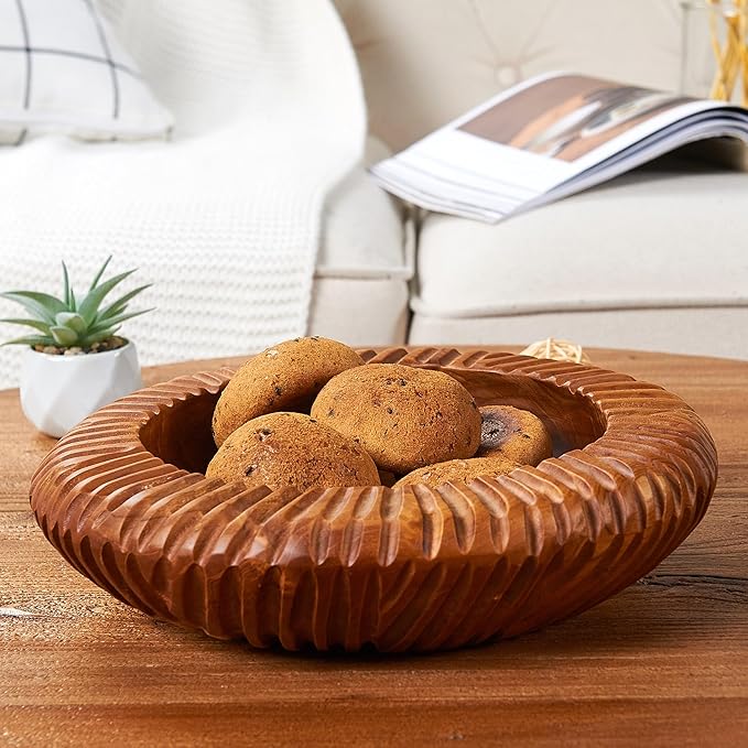 Teak Handcrafted Wooden Bowls Natural Wood Round Utility Bowl 15.7" W Handmade Rustic Serving Platter Fruit Snack Holder for Entry Table Vintage Artworks Dining Room Home Décor