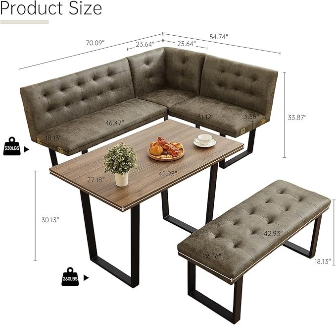 3-Piece Corner Dining Table Set with Bench, 70 Inch Space-Saving Breakfast Nook for Kitchen & Dining Room(Walnut Table & Brown Bench)