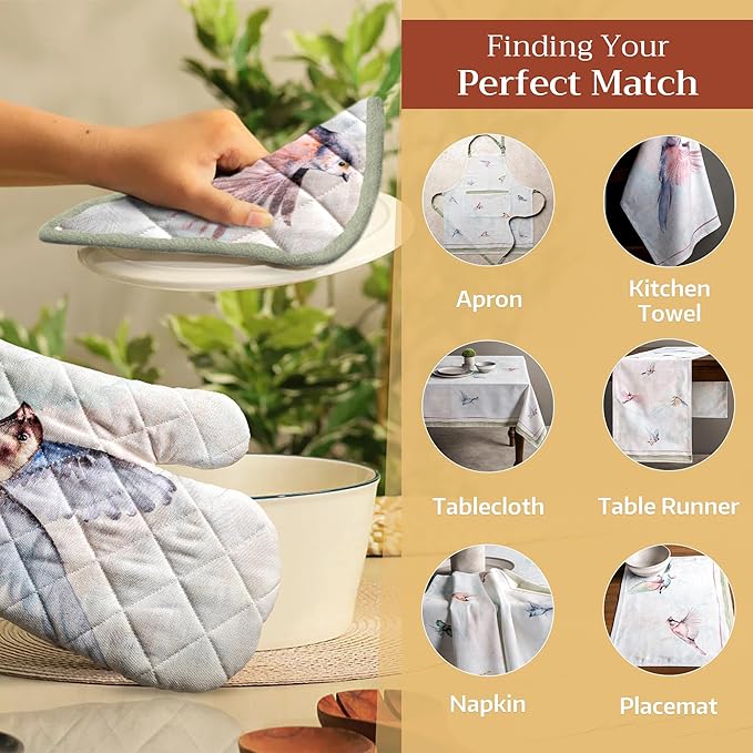 Maison d' Hermine 100% Cotton Oven Mitt & Pot Holder Set (7.5"x13" & 8"x8") Heat Resistant BBQ Cooking Gloves with Loop, Baking, Grilling, Kitchen, Handling Hot Pans Spring/Summer (Flying Birds)