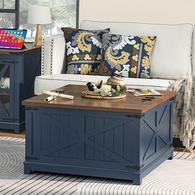 Farmhouse Coffee Table Sets 2 Pieces, Narrow Night Stand with Glass Barn Door Storage, Large Coffee Tables with Hidden Storage Organizer, Wood Furniture Sets for Living Room, Office, Blue