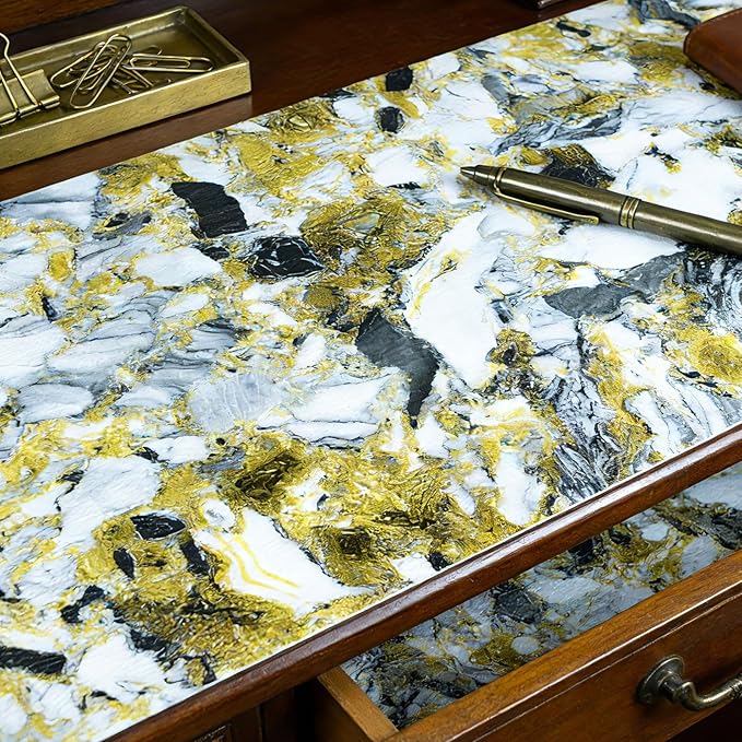 Drawer and Shelf Liner - Yellow Black Marble Pattern,Non Adhesive Non Slip Waterproof Easy-Clean Liner for Kitchen Cabinet, Refrigerator, Bathroom, Pantry Storage Drawers, 12 in x 10 Ft