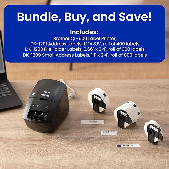 Brother QL-600 Desktop Monochrome Label Printer, up to 2.4" Label Width, No Ink Required, uses Brother Genuine DK Drop-in Rolls for Fast Labeling and Easy Integration with Microsoft Applications