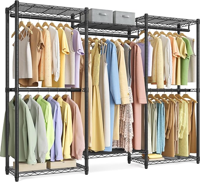 SONGMICS Heavy-Duty Clothes Rack, Garment Rack, Portable Closet, 68.7-Inch Wide Clothing Rack with Adjustable Mesh Shelves and Hanging Rails, Ink Black ULGR433B01