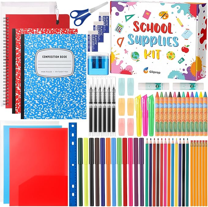 72 Pcs School Supplies Gift Box Set, Back to School Supplies Primary Middle College Bundle Essential Stuff Bulk Pen Notebook Colorful Stationery for Teacher Student Classroom
