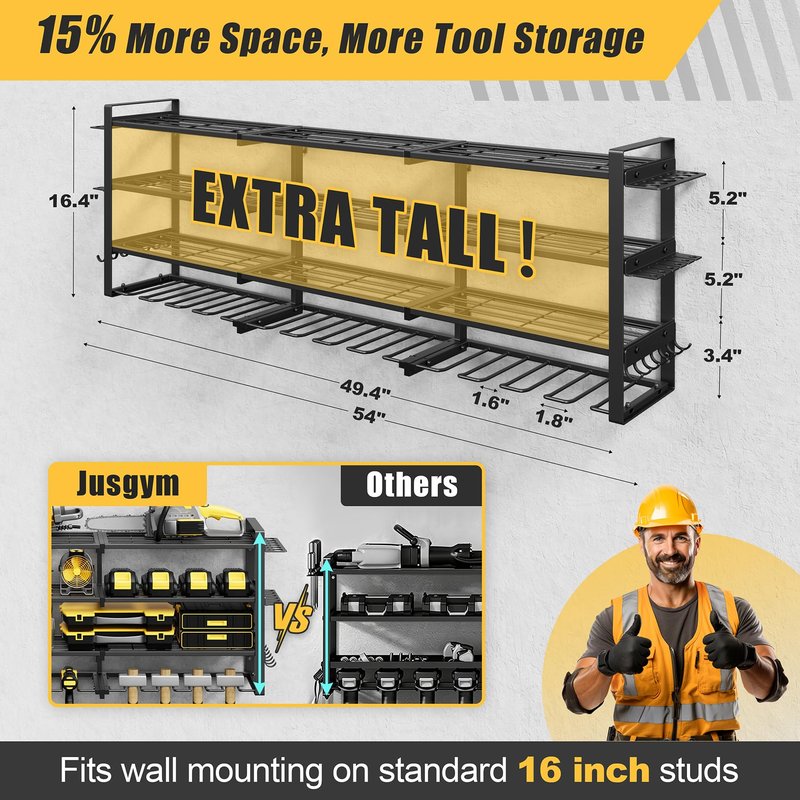 Jusgym Large 49''W Power Tool Organizer Wall Mount |650lbs Tool Garage Storage Rack with 12 Cordless Drill Holder |4-Tier Heavy Duty Garage Organization |Gifts for Men