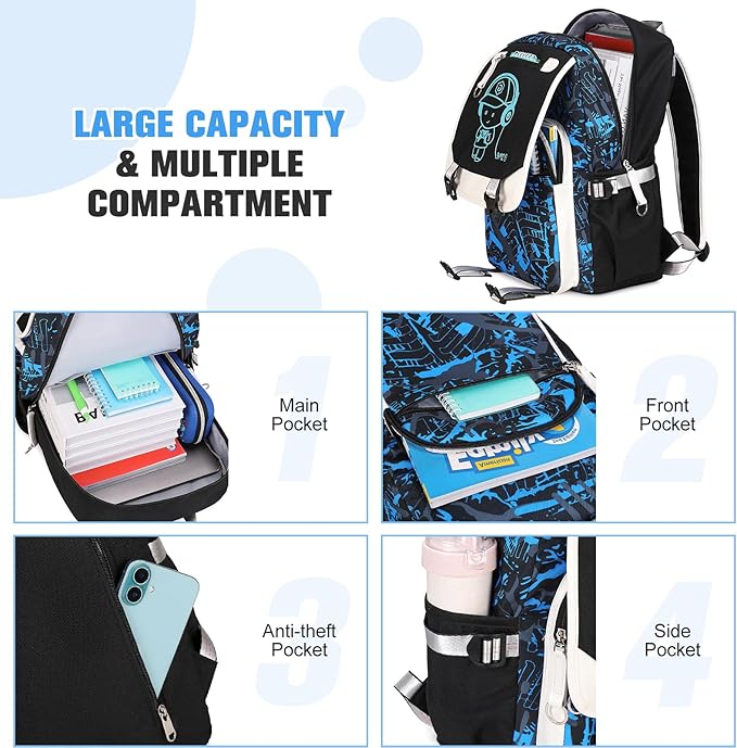 Bevalsa Backpack for Boys, Cool Luminous Backpacks with Lunch Box & Pen Case, School Bags for Kids, Bookbag for Children Teens for Elementary Middle School Student with USB Charging Port (Music)