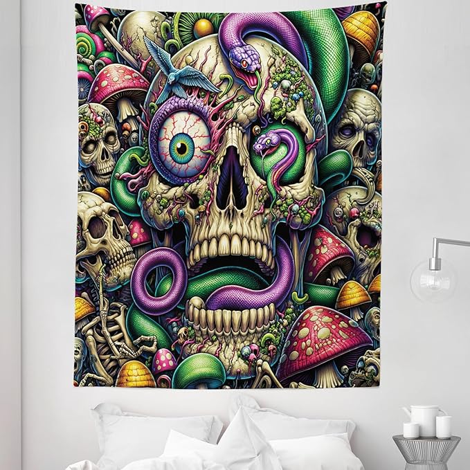 Ambesonne Trippy Tapestry Twin Size, Spooky Artwork of Psychedelic Snake Mushroom Huddles Skulls Monster Eye, Wall Hanging Bedspread Bed Cover Wall Decor, 68" X 88", Green Purple Pale Khaki
