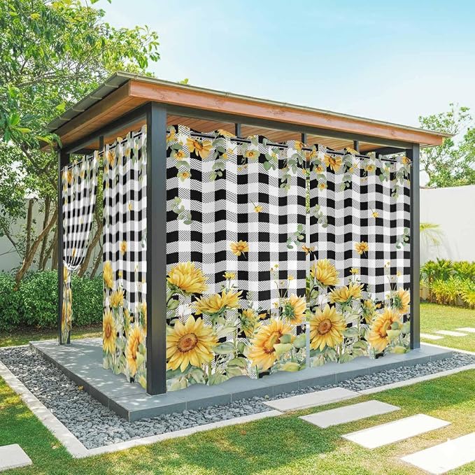 Sunflowers Outdoor Curtains for Patio Summer Floral Eucalyptus Leaf Buffalo