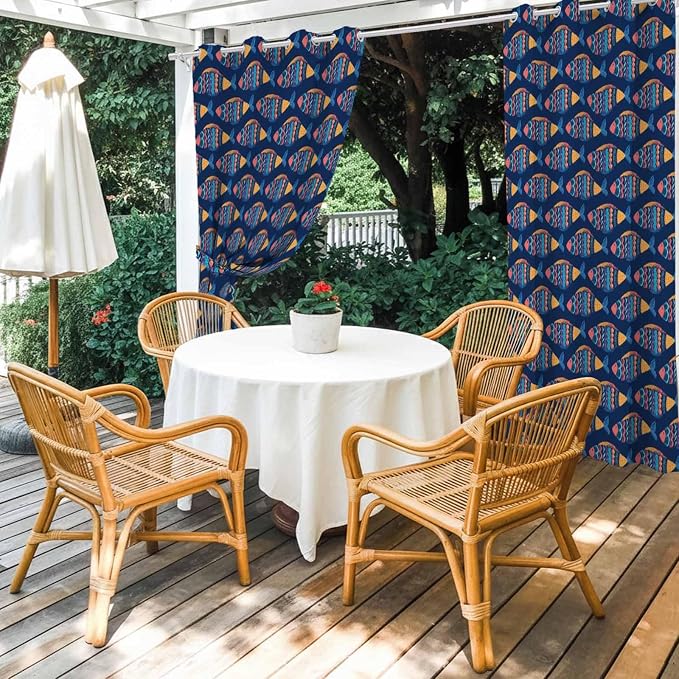 Fish Outdoor Curtains for Patio Vintage National Wind Fish Blue Waterproof